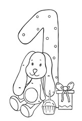 1st birthday party. One number with toy bunny and cake