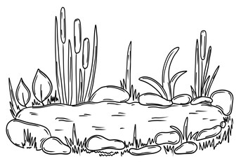 Pond with reed plant and stones in hand drawn sketch style
