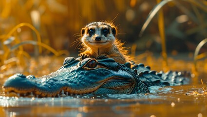 A crocodile is swimming in the river and a meerkat is standing on the back of the crocodile - obrazy, fototapety, plakaty
