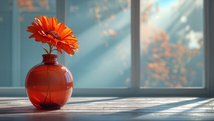 a photo red and orange vase with a flower in it is sitting on a table in front of a window - obrazy, fototapety, plakaty