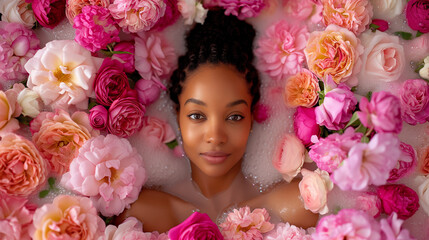Gorgeous woman taking a bath in roses.