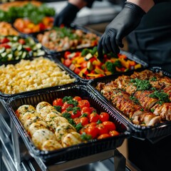 A buffet worker at a hotel with a halal kitchen buffet wearing protective gloves prepares a variety of salads and side dishes, placing the ingredients in large black containers. Concept: catering  - obrazy, fototapety, plakaty