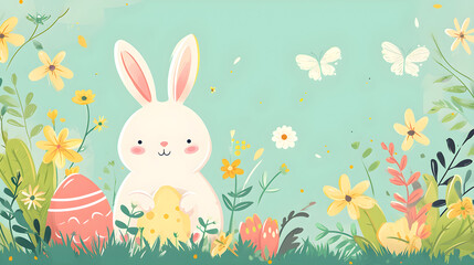 Cute pastel Easter background with patterned bunnies and eggs.