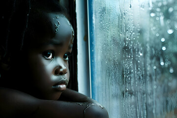 An african american boy abandoned at home alone. Sad waiting for parents come home. 