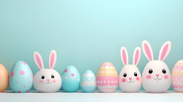 Cute pastel Easter background with patterned bunnies and eggs.