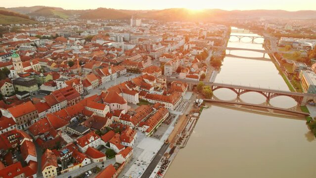 Maribor cityscape aerial view at sunny day, Slovenia