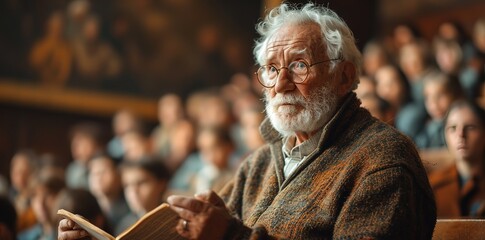 Fototapeta premium an old man teaching in a classroom, in the style of photo-realistic landscapes, joyful and optimistic, reductionist form, high quality, grainy