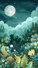 grungy noise texture art, beautiful greenery nature landscape at full moon night time , whimsical fantasy fairytale contemporary creative illustration, 9:16 ratio vertical, Generative Ai