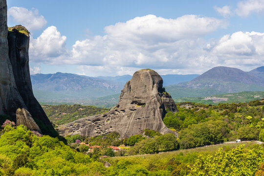View of Meteora landscape, a valley with ancient rock formation in Trikala, Thessaly, Greece.