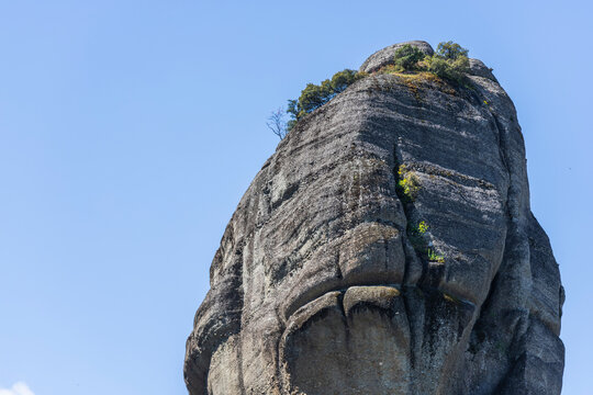View of natural rounded pillars in Meteora, a unique rock formation in Trikala, Thessaly, Greece.