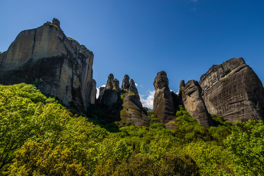 View of Meteora landscape, a valley with ancient rock formation in Trikala, Thessaly, Greece.