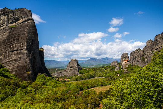 View of Meteora landscape, a valley with ancient rock formation in Trikala, Thessaly, Greece.