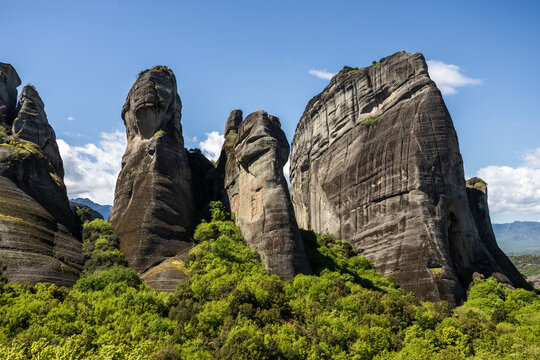 View of Meteora landscape, a valley with ancient rock formation in Trikala, Thessaly, Greece.