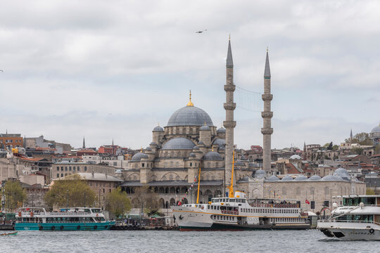 View of Suleymaniye Mosque along the Bosphorus channel in Istanbul, Turkey.