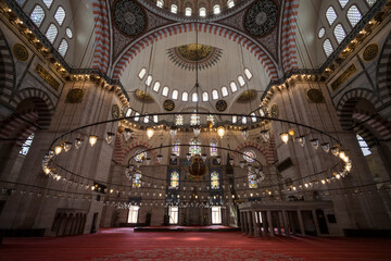 Istanbul, Turkey - 23 April 2023: View of the Suleymaniye Mosque from the inside, Istanbul, Turkey.