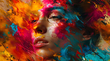 An abstract portrait where color transitions form an incredible image in the style of contemporary - obrazy, fototapety, plakaty