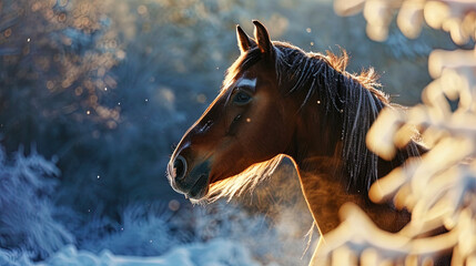An elegant horse against the backdrop of a snowy landscape, her breath is visible in the cold air - obrazy, fototapety, plakaty