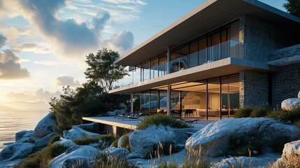 An elegant residence with a facade facing the shore and a chic recreation area among nature