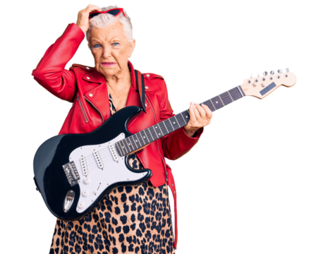 Senior beautiful woman with blue eyes and grey hair wearing a modern look playing electric guitar confuse and wondering about question. uncertain with doubt, thinking with hand on head