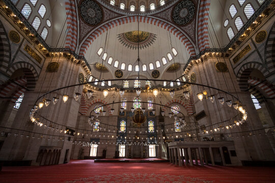 Istanbul, Turkey - 23 April 2023: View of the Suleymaniye Mosque from the inside, Istanbul, Turkey.