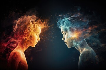 Two women face each other as colorful smoke billows out from their faces, An abstract representation of empathic communication, AI Generated