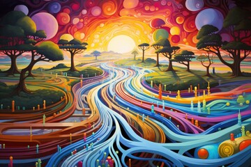 This vivid painting showcases a serene landscape filled with vibrant trees, capturing the beauty of nature, An abstract representation of life's journey using multicolor paths, AI Generated