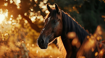 A beautiful portrait of a horse, whose grace is emphasized by its brilliant suit and expressive ey