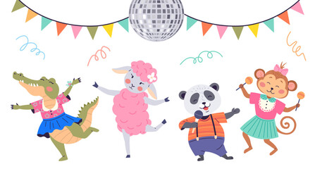 Animal party vector illustration. Celebrate with happy beasts as meadow transforms into festive animal party The animal party metaphorically paints woodland with colors