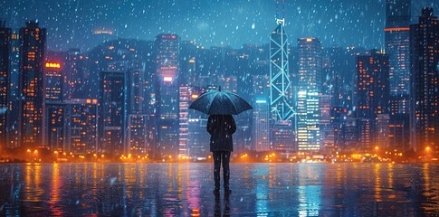 an umbrella has shown up over a man standing against a city skyline with the rain in his arms, in the style of photo-realistic landscapes, engineering/construction and design, wealthy portraiture, env