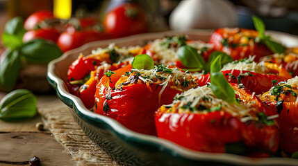 A dish of baked sweet peppers, stuffed films, vegetables and grated cheese - obrazy, fototapety, plakaty