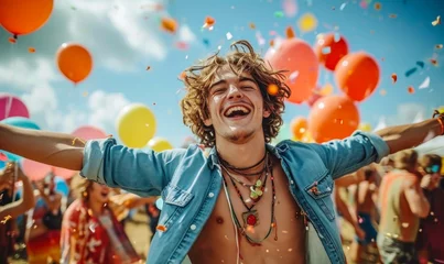 Muurstickers Joyful young man with curly hair celebrating at a festival, arms outstretched, surrounded by balloons and a happy crowd under the open sky © Bartek