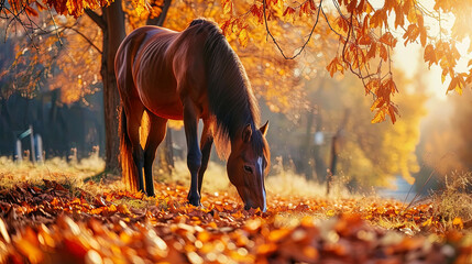 A horse grazing against a background of bright autumn, with beautiful leaves under the feet, creat - obrazy, fototapety, plakaty