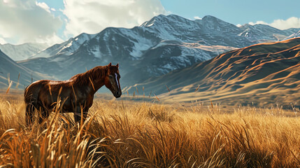 A horse in tall grass, with the background of the mountains, creates the impression of natural fre - obrazy, fototapety, plakaty