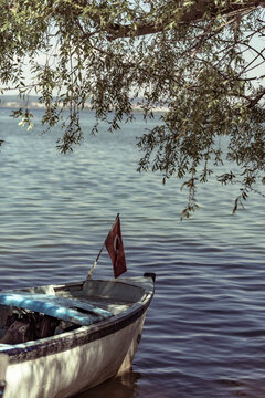 View of a fishing boat along the Ulubat Lake, Golyazi Merkez, Bursa, Turkey.