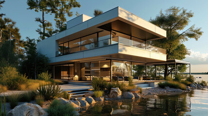A luxurious house in a modern style, located on the shore of the lake, with panoramic glazing and