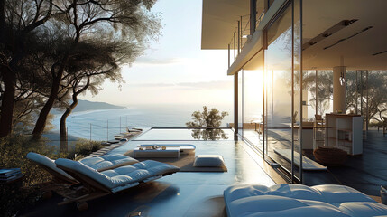 A luxurious villa, crowning a hill, with a wide terrace, from where an amazing view of the coastal