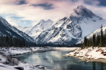 Fototapeta na wymiar A stunning snowy mountain range stands tall in the distance with a peaceful river flowing in the foreground, An Alaskan landscape with snow-covered mountains and a tranquil lake, AI Generated