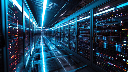 A photo of a room with huge servers built along the wall creating an impressive technological back - obrazy, fototapety, plakaty