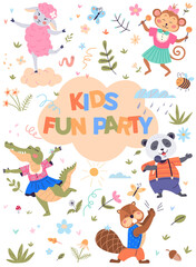 Animal party vector illustration. Join festivities as fauna turns woodland into lively celebration happiness Creatures gather for festive feast, turning animal party. Kids fun party