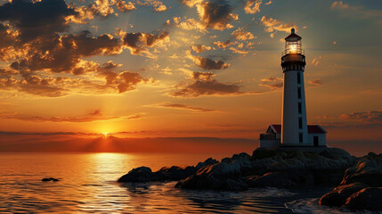 A picture of a lighthouse doused with orange light of sunset, with the radiation of comfort and tr - obrazy, fototapety, plakaty
