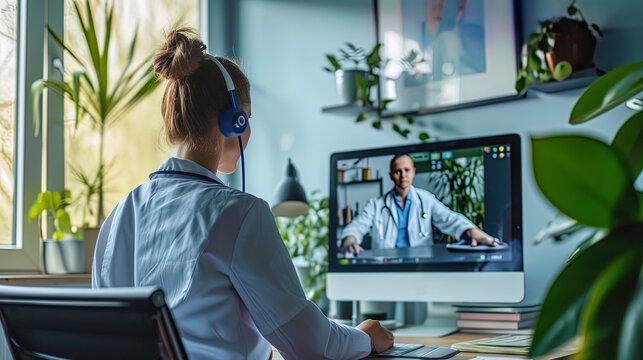A picture of a doctor who provides a consultation through a video conference for remote service of