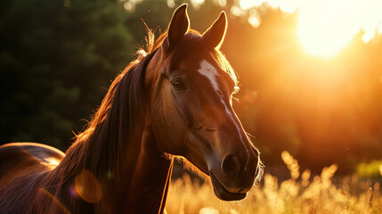 A stunning portrait of the horse in the sunset light, with an expression of intelligence in his ey - obrazy, fototapety, plakaty