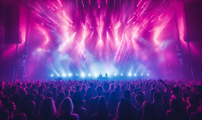 Energetic crowd enjoying a live concert with vibrant pink and blue stage lights at a music...