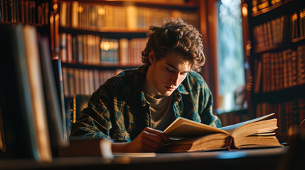 A young man sitting at a table in a library, immersed in reading a thick book, with eyes full of h