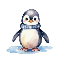 Obraz premium Pinguinjunges Schneefall Aquarell Niedliche Pinguinillustration Polartier Kinderzimmer Wandkunst Winterwunderland Tiermotiv
