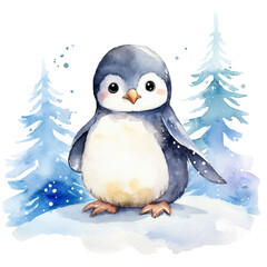 Pinguinjunges Schneefall Aquarell Niedliche Pinguinillustration Polartier Kinderzimmer Wandkunst Winterwunderland Tiermotiv