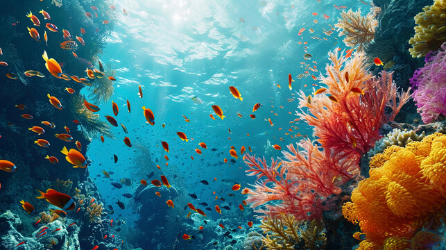 Delicate coral branches dancing throughout the ocean surrounded by a school of bright fish