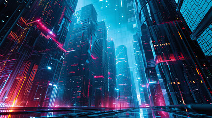 Futuristic urban landscape with Mijorni elements, such as luminous digital facades and neon lights