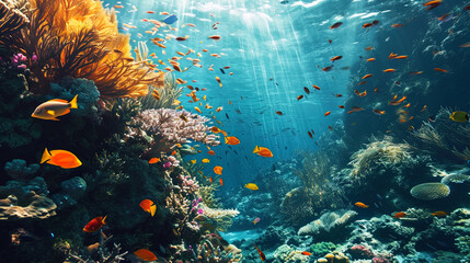 Fototapeta na wymiar Hypnotizing underwater landscape with cauld reefs and crowds of bright fish