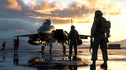 Image of a group of military pilots standing near fighters on the runway - Powered by Adobe